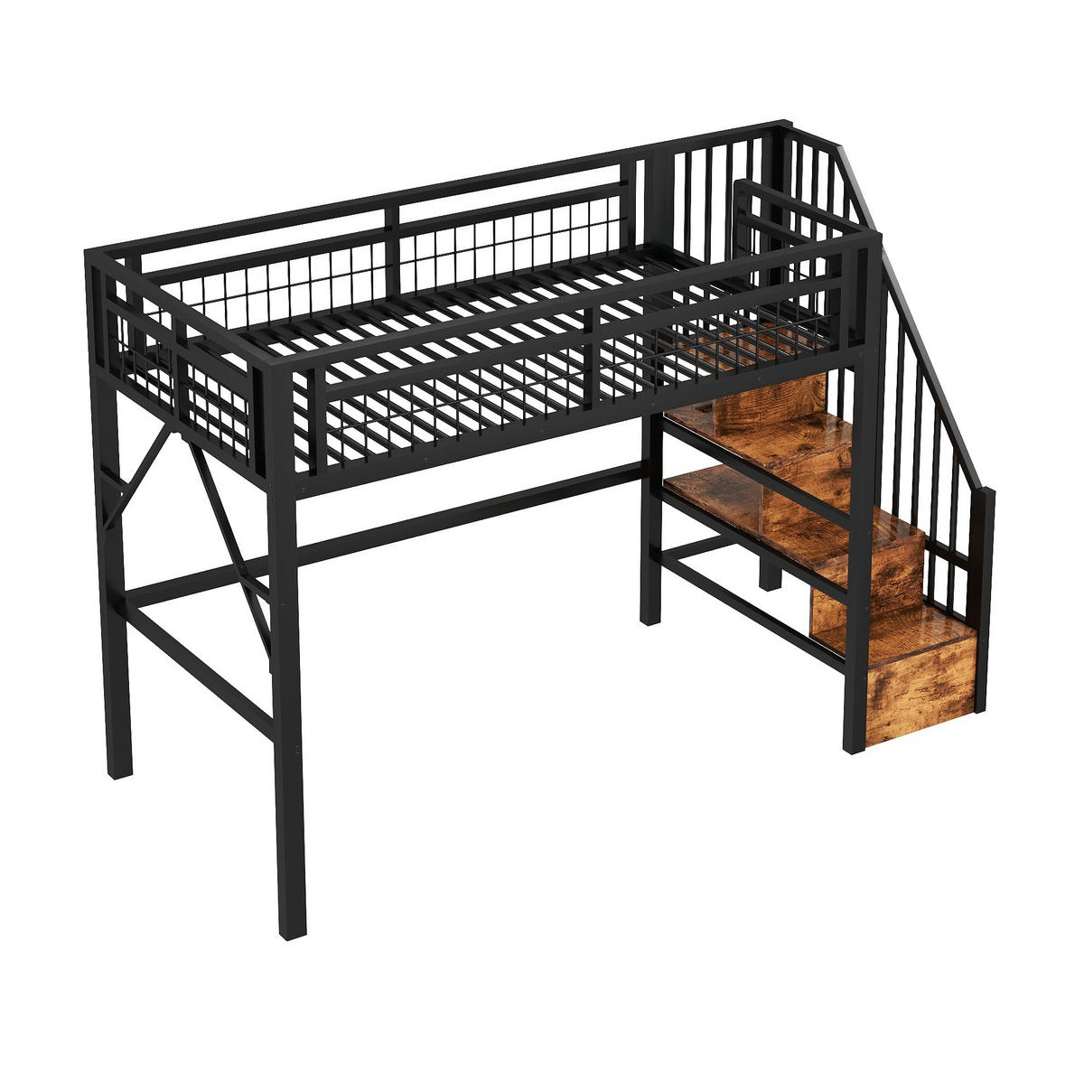 HOCHBETT 90/200 cm aus Metall mit LED-Beleuchtung und Stauraumtreppe - Schwarz, Metall (90/200cm) - Flora Grace