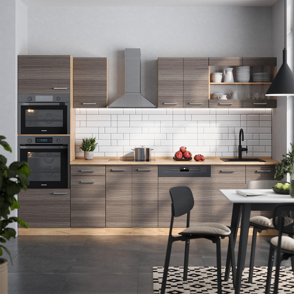 KÜCHENZEILE R-Line Edelgrau/Goldkraft Eiche 300 cm mit Hochschrank, ohne Arbeitsplatte - Honigeiche/Braun, Holzwerkstoff (300/81.6/46cm) - Vicco