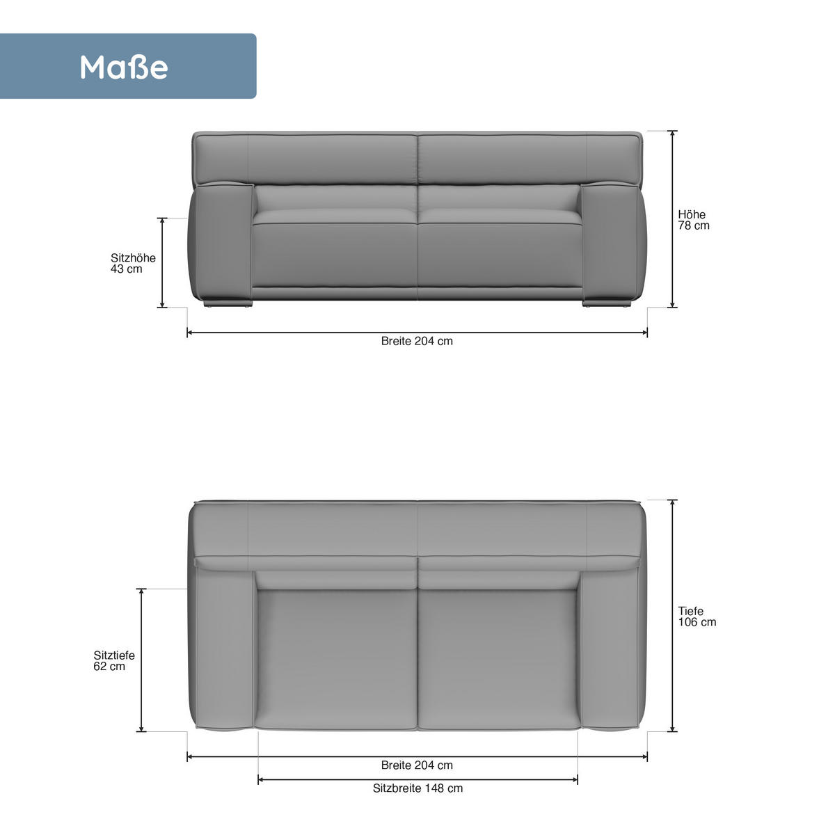 3-SITZER Umea Cord Türkis 204/106/78 cm - Dunkelgrau, Kunststoff/Textil (204/78/106cm) - foamnova