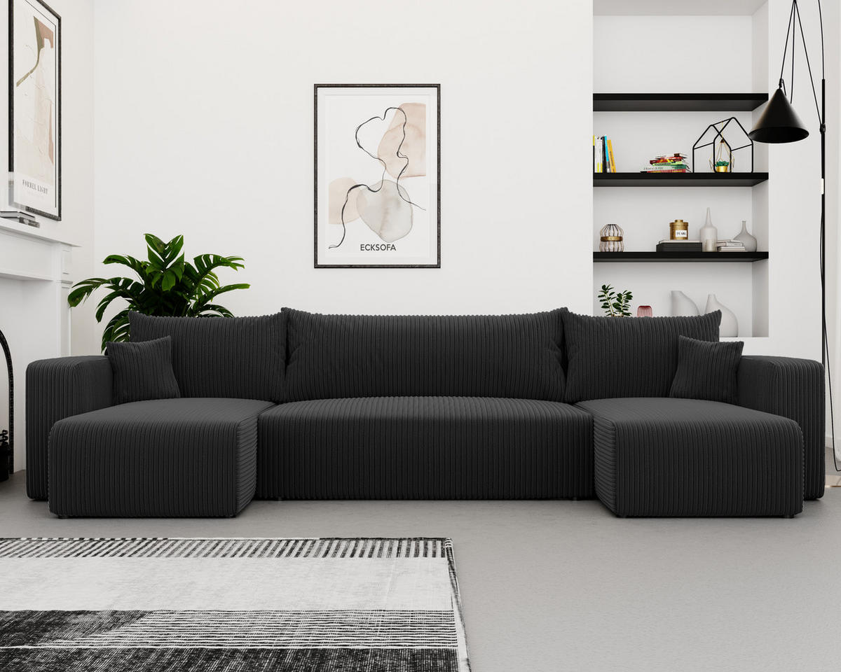 WOHNLANDSCHAFT mit Schlaffunktion und Bettkasten, Schwarz - Schwarz, Holzwerkstoff/Textil (318/79/145cm) - Idohome