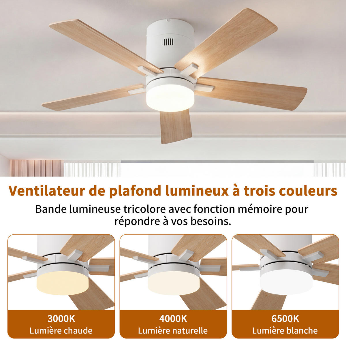 DECKENVENTILATOR 106,6cm 2in1 Holzoptik 5 Flügel LED Licht Timer - Weiß, Kunststoff (107/107/28cm) - CASIVA