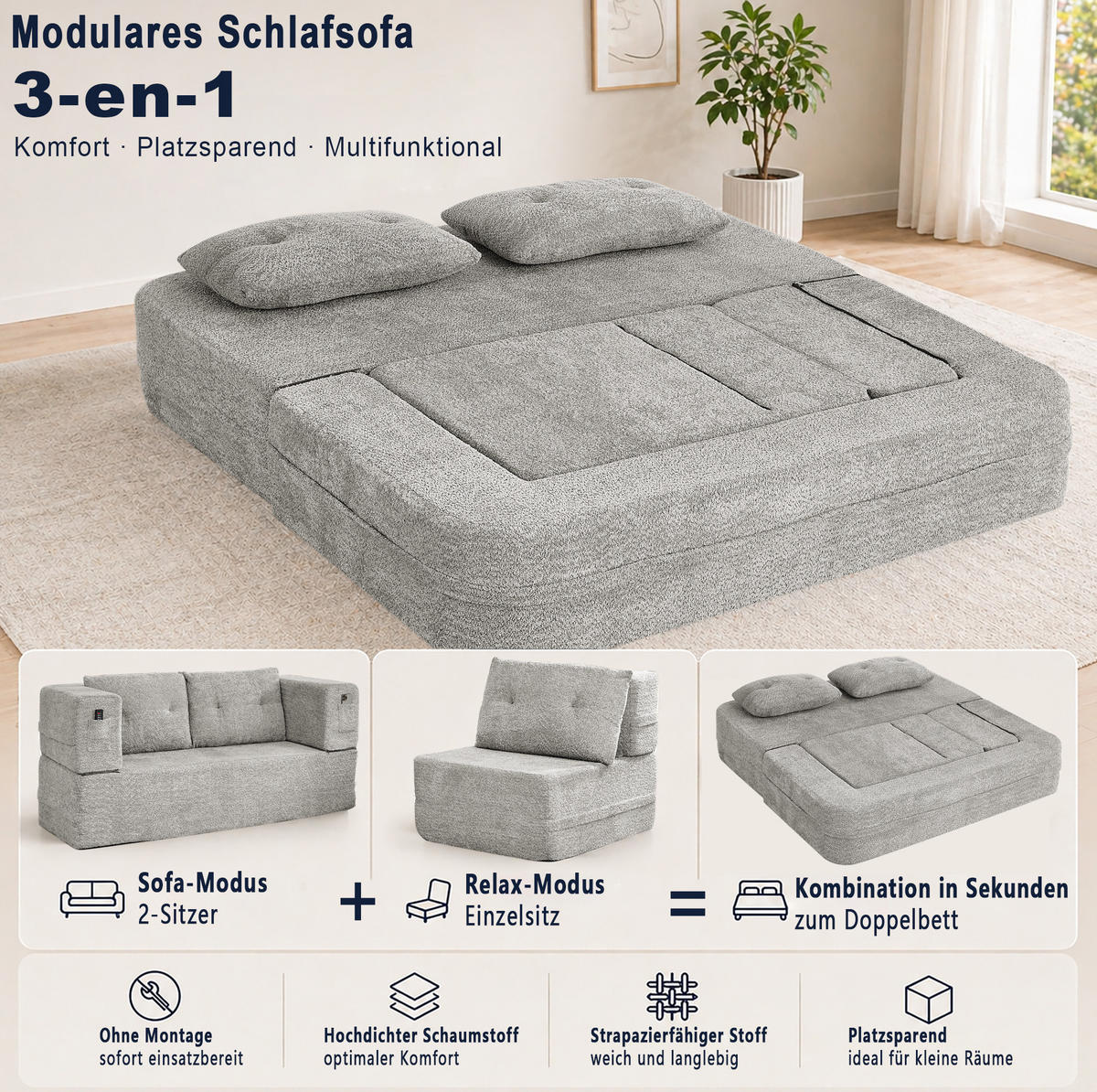 SCHLAFSOFA aus Stoff Hellgrau klappbar als 2-in-1 Modulsystem mit Sessel und Seitentaschen - Hellgrau, Textil (199/39/194cm) - Modfu