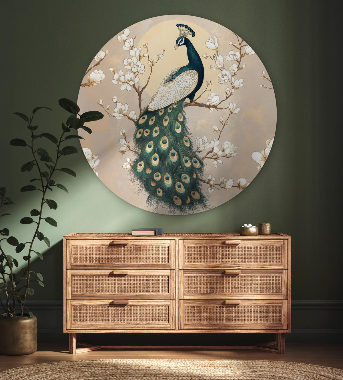 WANDBILD Pfau - Zweig - Blumen 140x140 cm - Champagner, Kunststoff (140/140cm) - MuchoWow