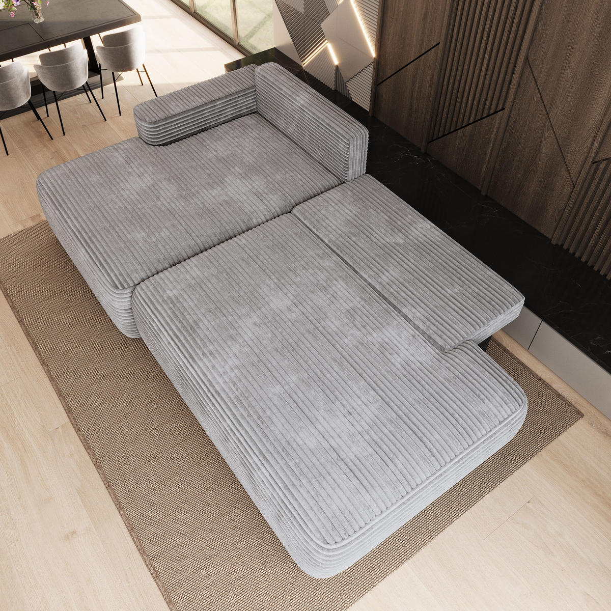 ECKSOFA AVINI T L-S Hellgrau Kordstoff mit Schlaffunktion - Hellgrau, Holzwerkstoff/Textil (277/160cm) - MASSENO