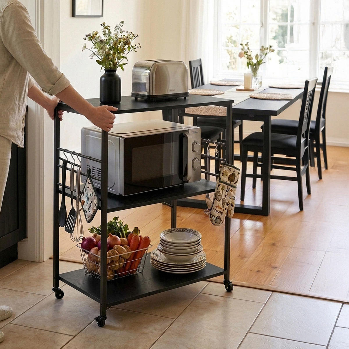 VOZIČEK za postrežbo - črna, kovina/leseni material (80/89/40cm) - Relaxdays