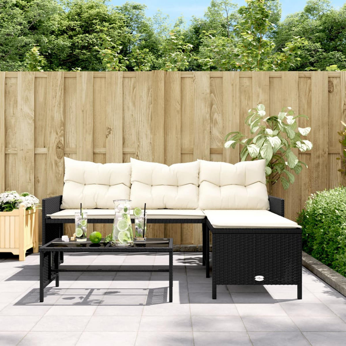 GARTENSOFA In L-Form Mit Tisch Und Kissen Schwarz Poly Rattan - Schwarz, Kunststoff - vidaXL