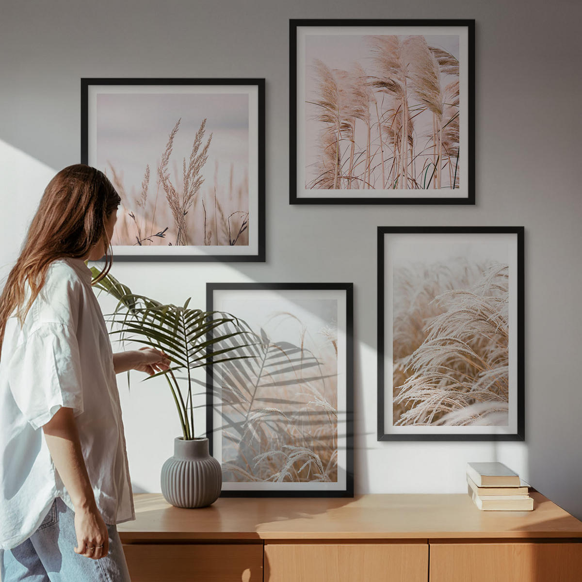 BILDER SET 4er Set - 50x50 cm & 40x60 cm Schwarzer Rahmen - Grasfelder in Braun- und Beigetönen - Schwarz, Kunststoff (50/50cm) - TULUP