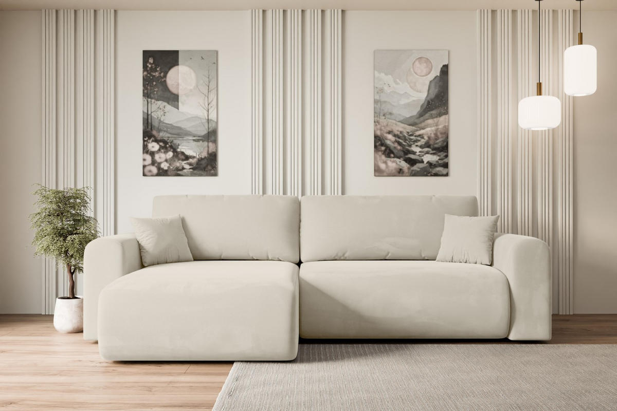 ECKSOFA mit Schlaffunktion und Bettkasten ORRO-L - 272x145x83 cm Beige Velours - Beige/Schwarz, Holzwerkstoff/Kunststoff (272/145cm) - ALTDECOR