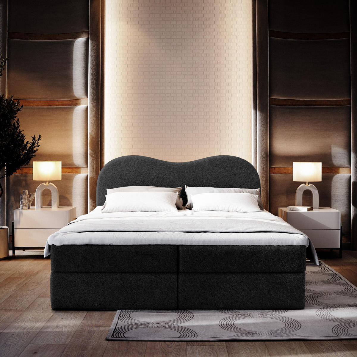 BOXBETT FLUVIA N 180x200 cm mit Matratze und Topper - Schwarz - Schwarz, Holz (180/200cm) - MASSENO