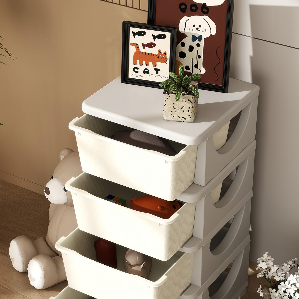 AUFBEWAHRUNGSBOXEN für Kinder, 4 große Schubladen, Kunststoff - Creme/Weiß, Kunststoff (37/76/37cm) - HOMCOM