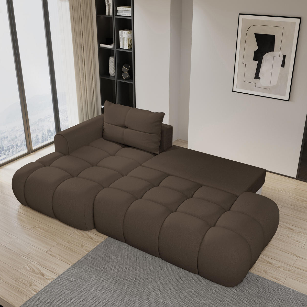 ECKSOFA FLUMA L-S Braun Geflochtener Stoff mit Schlaffunktion - Braun, Holz (274/165cm) - MASSENO