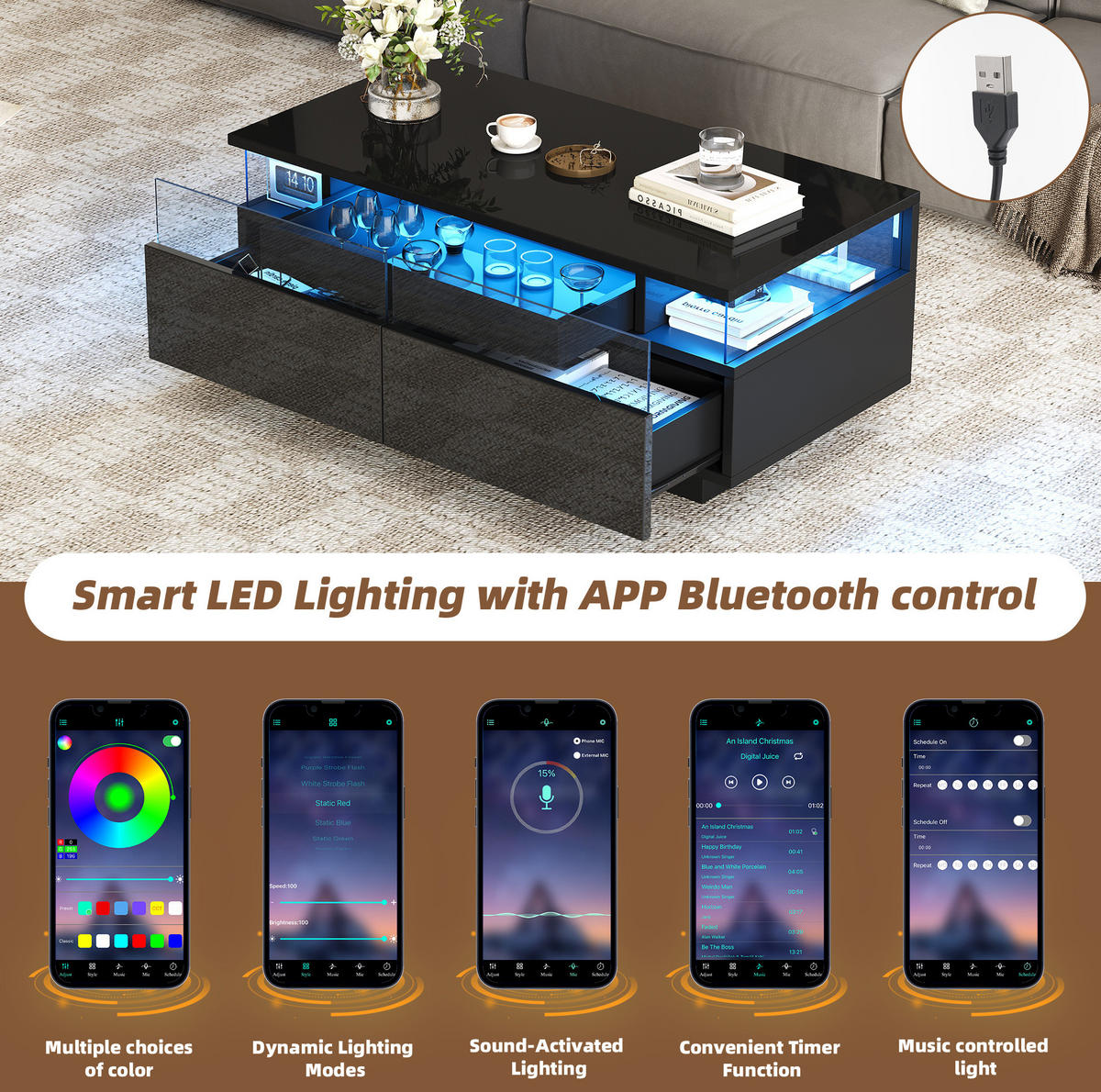 COUCHTISCH 90/45/35,5 cm mit LED-Beleuchtung, herausnehmbarem Tablett und 2 Schubladen, Hochglanz mit Hartglas, Schwarz - Schwarz, Holzwerkstoff (90/45/35.5cm) - Redom