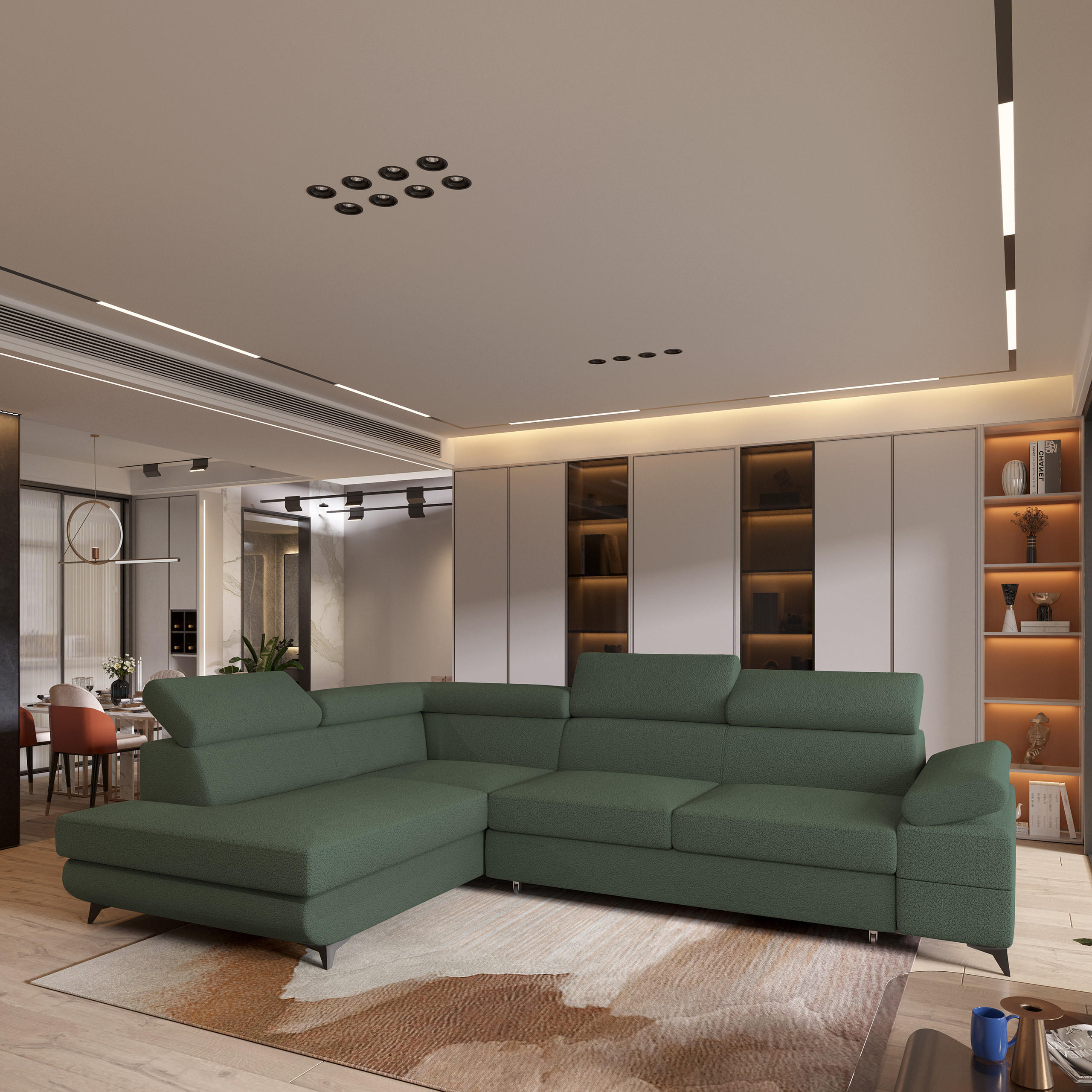 ECKSOFA FAVIEN L-S Grün Boucle-Stoff mit Schlaffunktion - Grün, Holz (257/190cm) - MASSENO