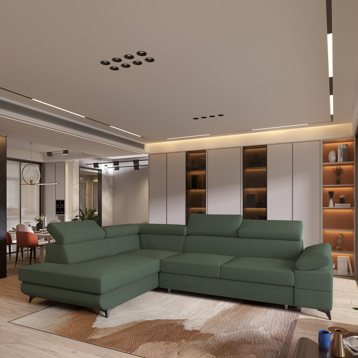 ECKSOFA FAVIEN L-S Grün Boucle-Stoff mit Schlaffunktion - Grün, Holz (257/190cm) - MASSENO