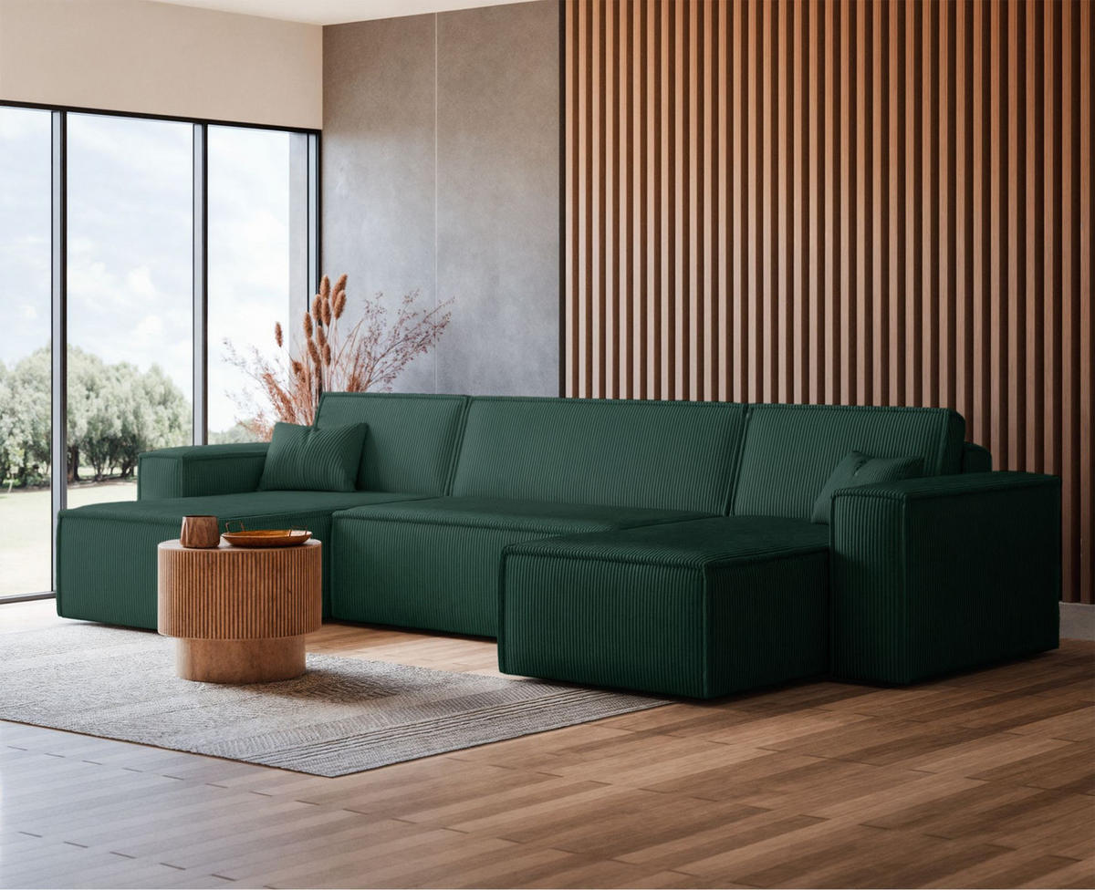 WOHNLANDSCHAFT Scarlo Dunkelgrün Cordbezug - Dunkelgrün/Schwarz, Kunststoff/Textil (312/83/145cm) - Selsey