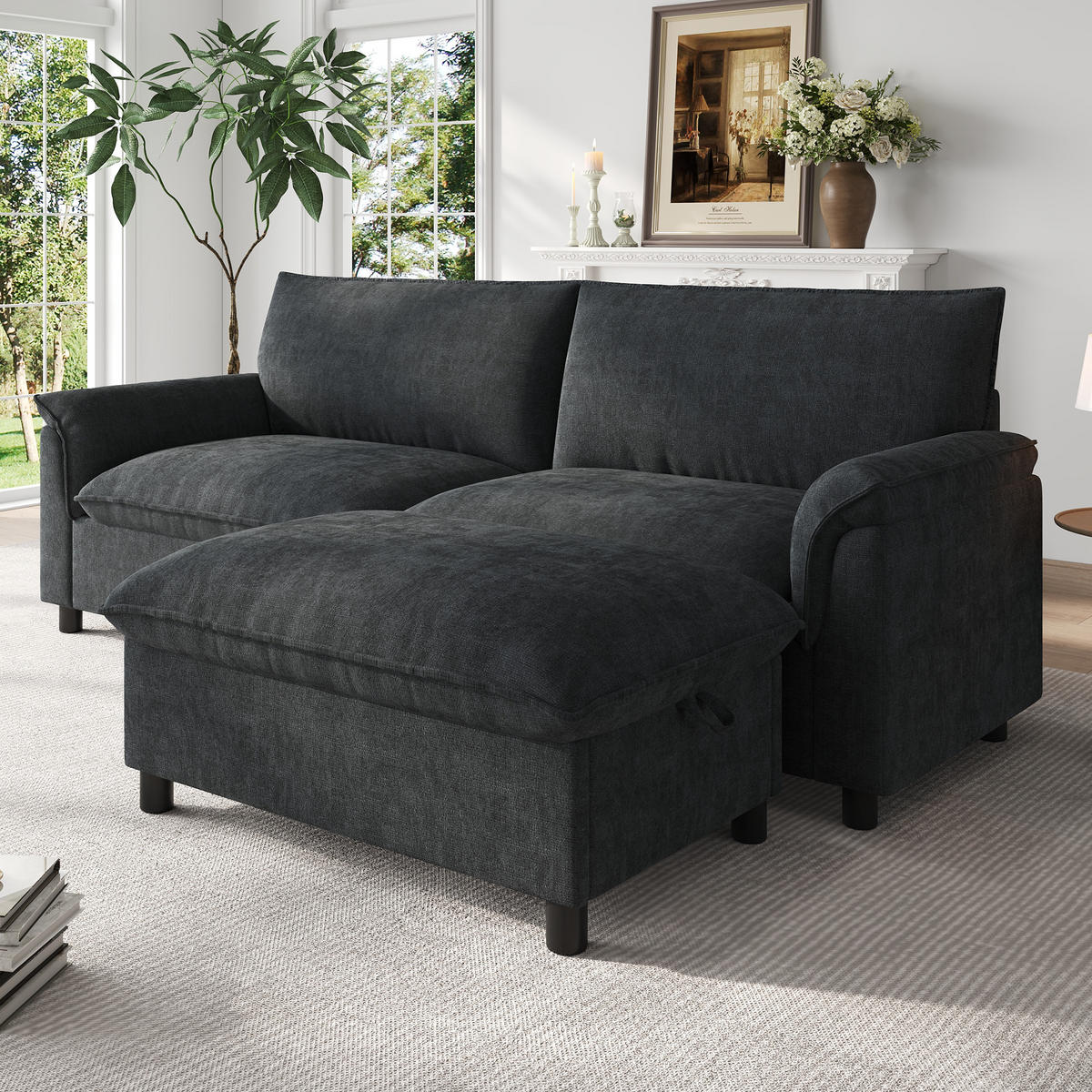 SOFA Schwarz U-Form Cloud Modular Deep Seat 216cm Hocker - Schwarz, Textil (77/82/216cm) - FLIEKS