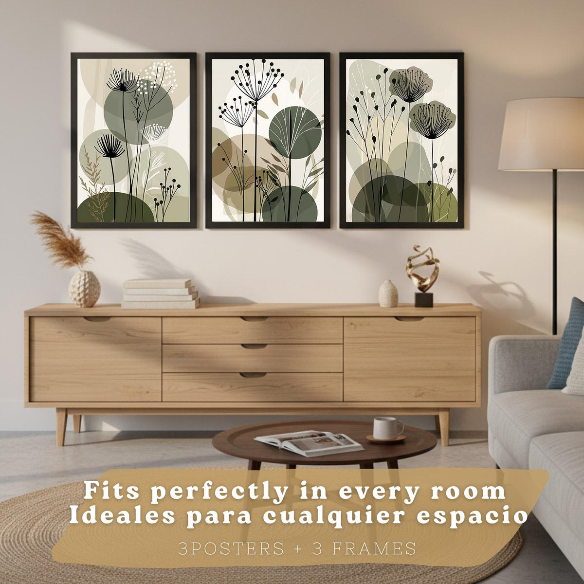 PLAKAT Sada 3 Zelené květy A3 Černý rám - černá, papír (29.7/1/42cm) - Nacnic