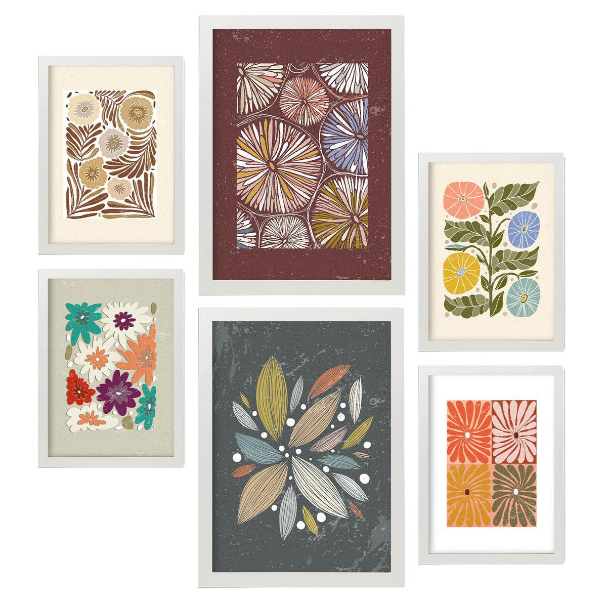 POSTER Set Mit 6 Drucken Von Blütenblättern In Der Sammlung Ethnischere Dekorative Rahmen Für Ihr Zuhause Wandkunstdruck A3 & A4 Weißer Rahmen - Weiß, Papier (29/3cm) - Nacnic