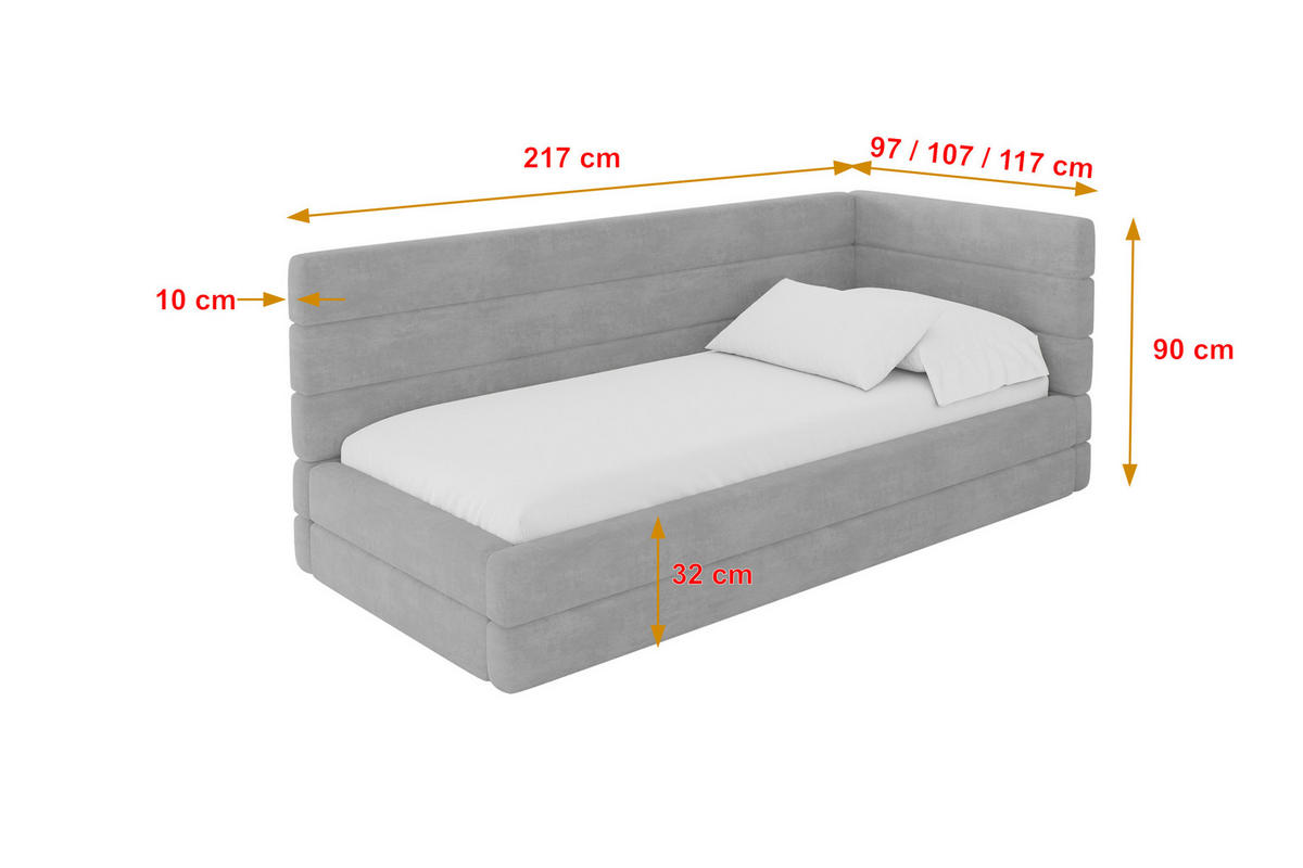 EINZELLBETT Jugendbett mit Bettkasten, Links - BEMY 90x200 Grau - Hellgrau, Holzwerkstoff/Textil (90/200cm) - ALTDECOR