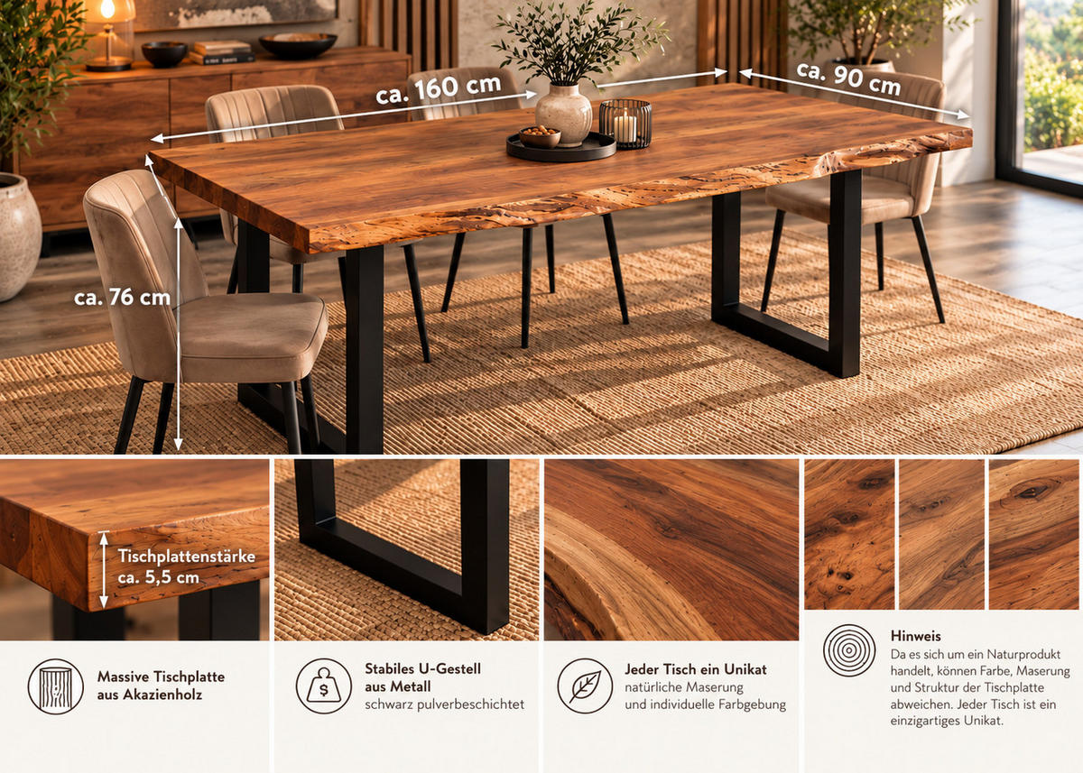 BAUMKANTENTISCH Bellary 160 - Schwarz/Akaziefarben, Holz (160/90/76cm) - Sedex