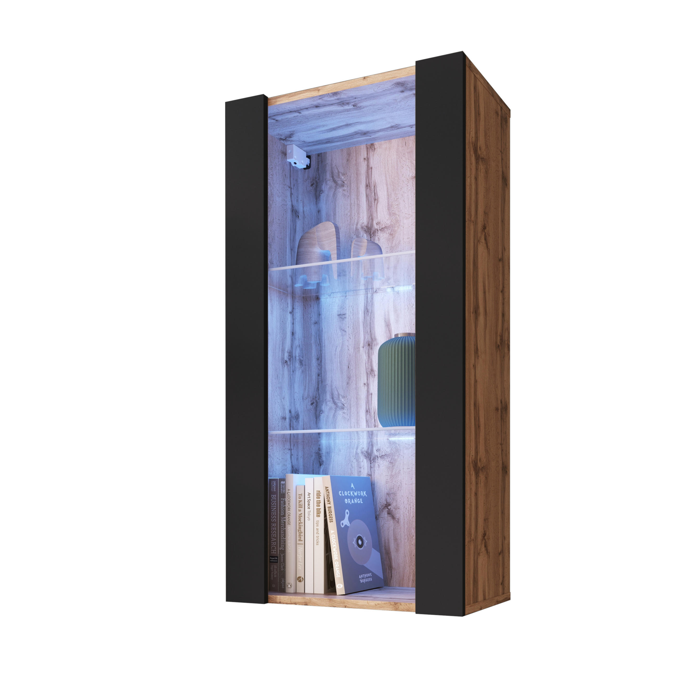 HÄNGEVITRINE TIVOLI Vertical 100, Schwarz, LED Blau - Eiche Wotan/Schwarz, Glas/Holzwerkstoff (50/100/29.5cm) - Komodee