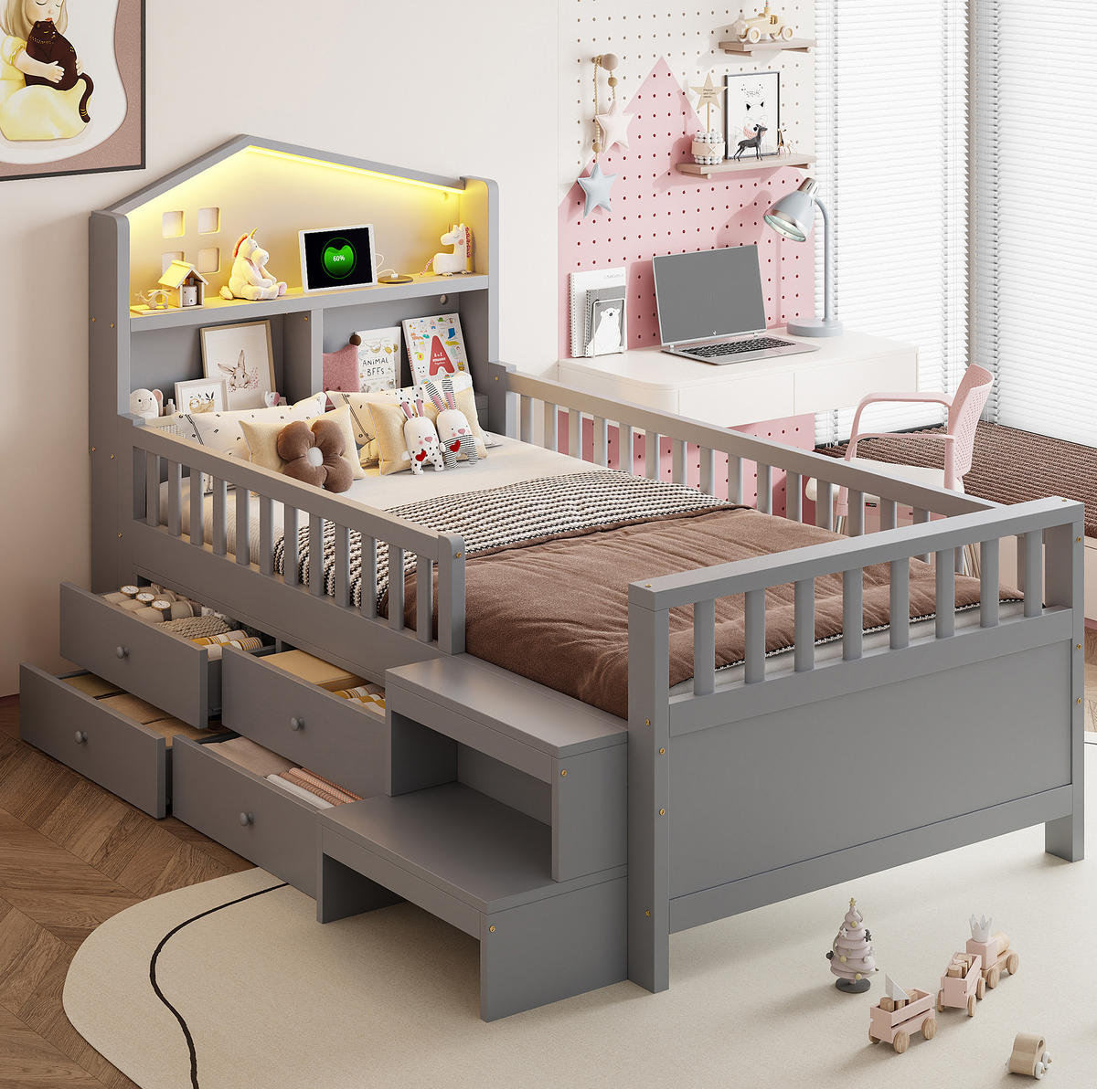 KINDERBETT 90/200 cm grau aus Massivholz mit Schubladen und LED - Grau, Holzwerkstoff (90/200cm) - OKWISH