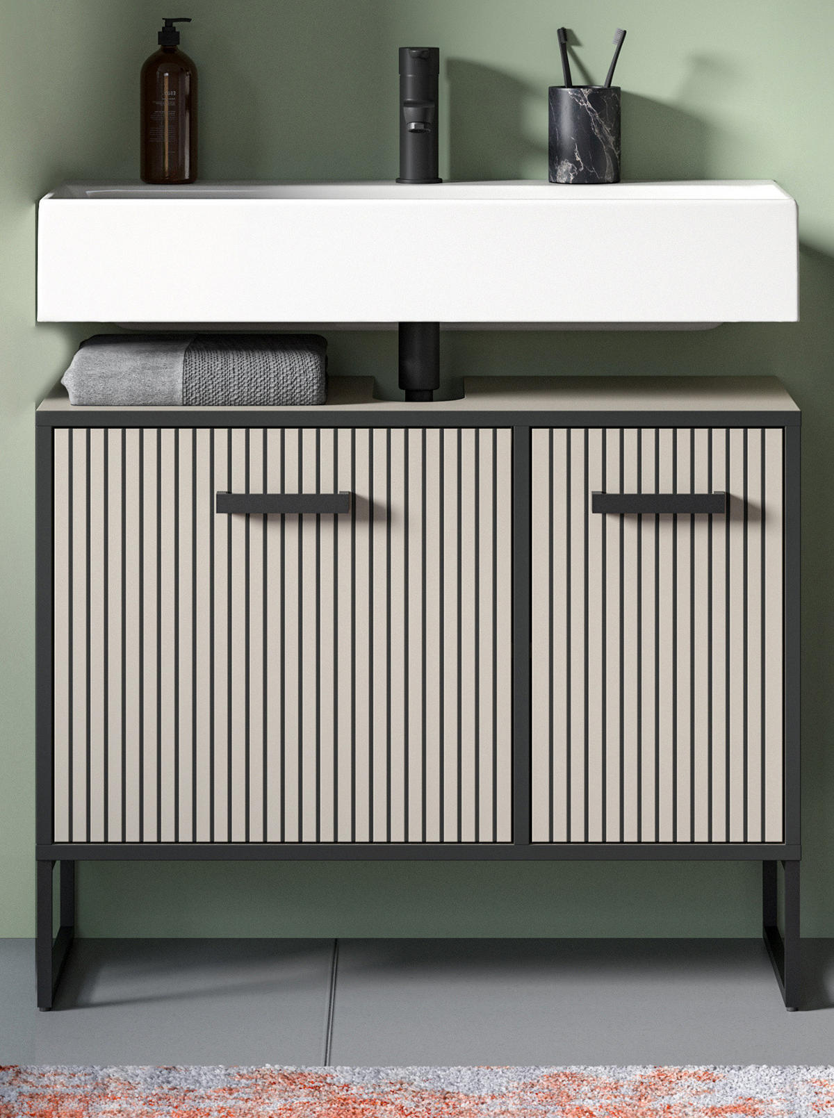 WASCHBECKENUNTERSCHRANK schwarz, sand 80 cm mit Soft-Close - Sandfarben/Schwarz, Holzwerkstoff/Metall (80/63/36cm) - Inn.Furn