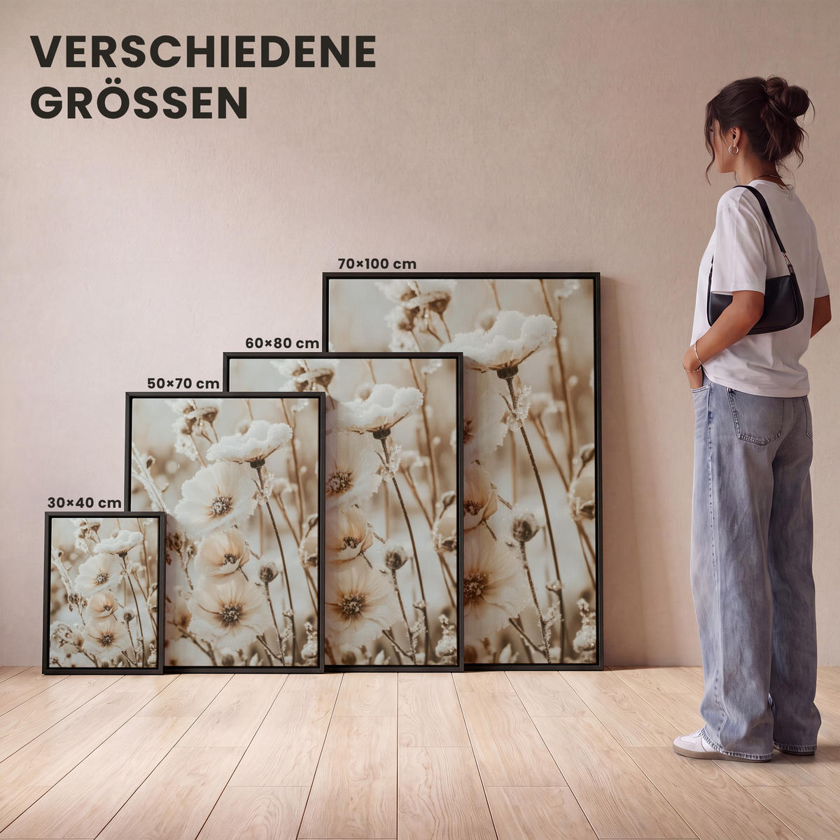 LEINWAND Bilder mit Rahmen - Blumen - Winter - Weiß - Schnee - Beige - 60x80 - Creme, Textil (60/80cm) - MuchoWow
