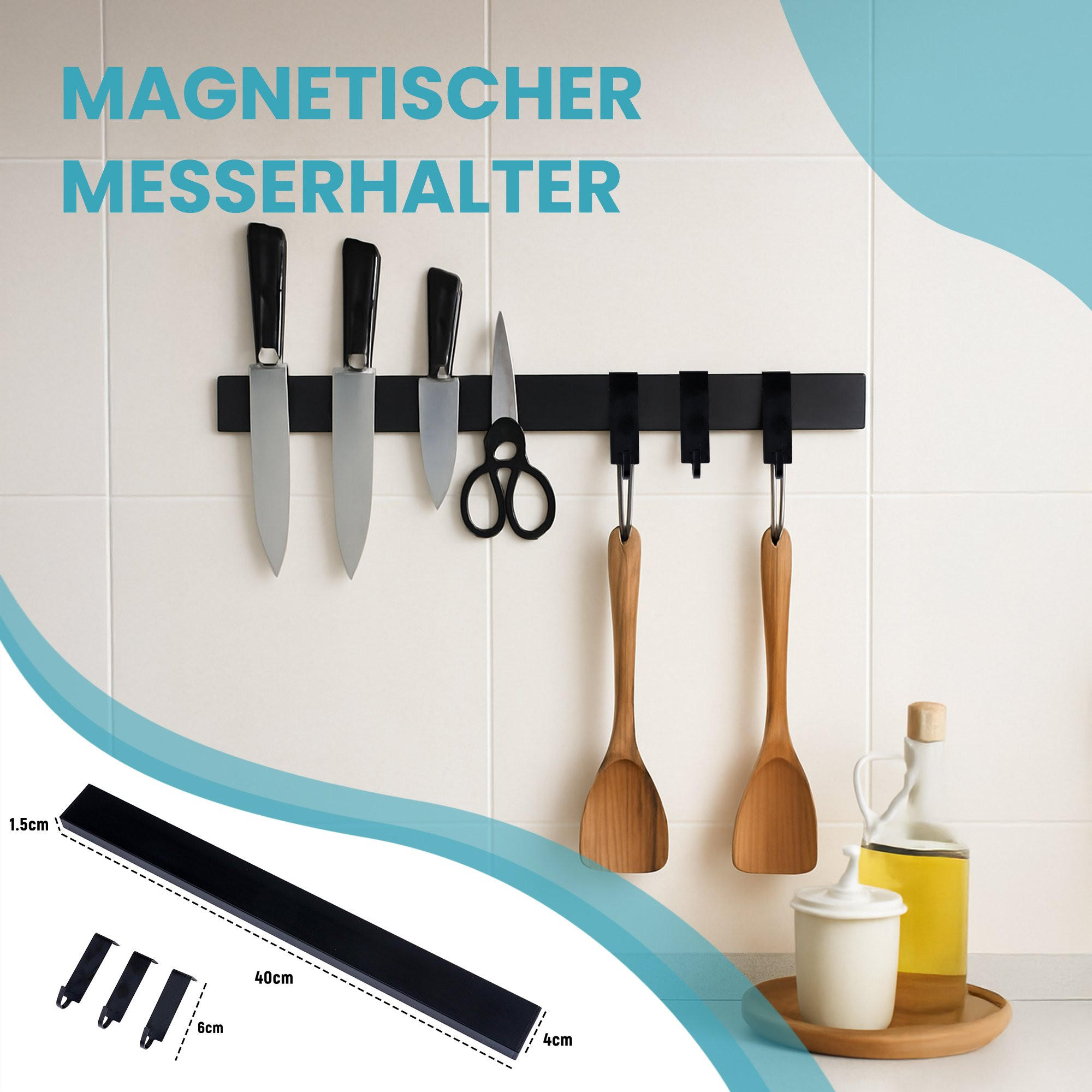 MESSERLEISTE 40cm breit inkl. 3 Haken Schwarz - Schwarz, Metall (40/4/1.5cm) - CHEFGASTRO