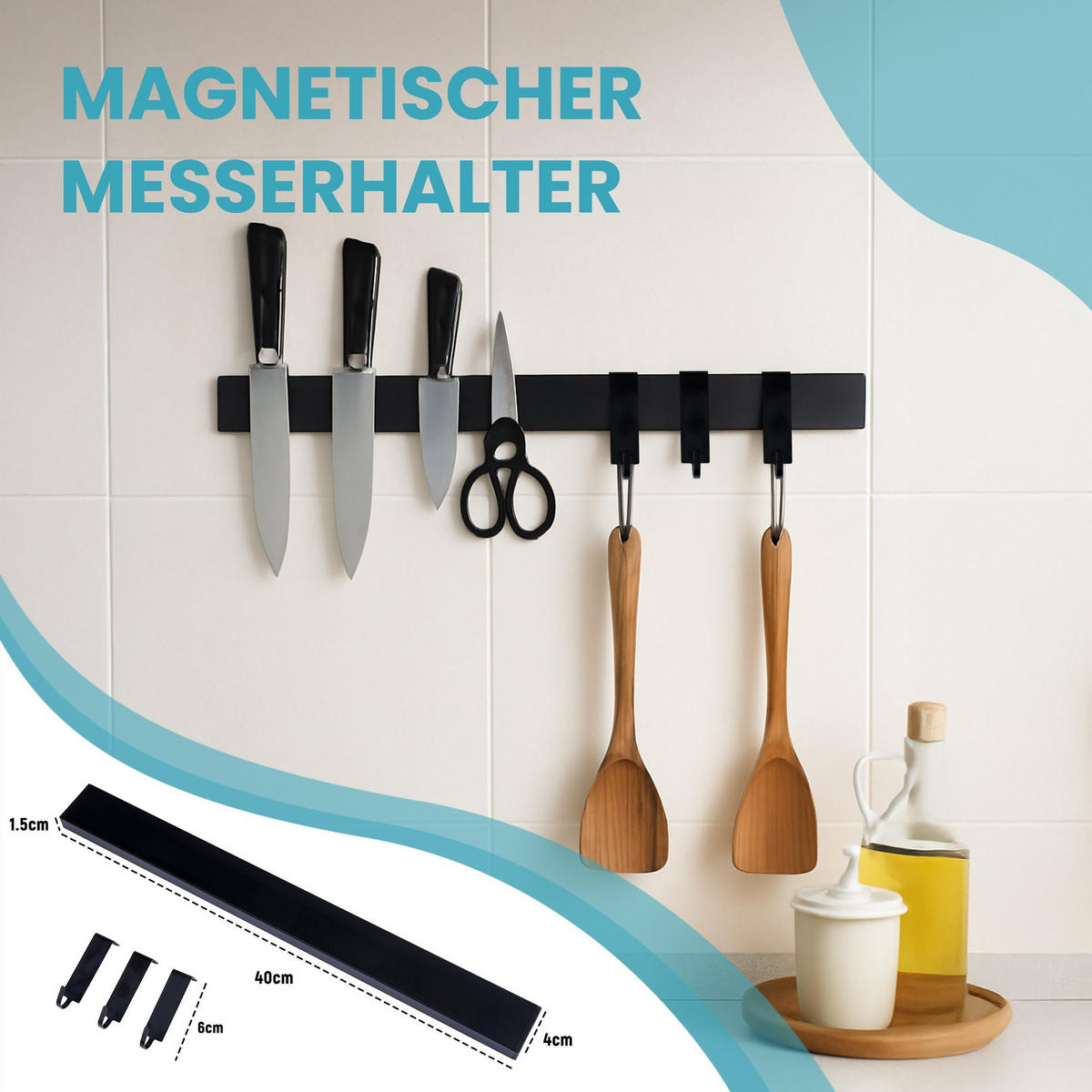 MESSERLEISTE 40cm breit inkl. 3 Haken Schwarz - Schwarz, Metall (40/4/1.5cm) - CHEFGASTRO
