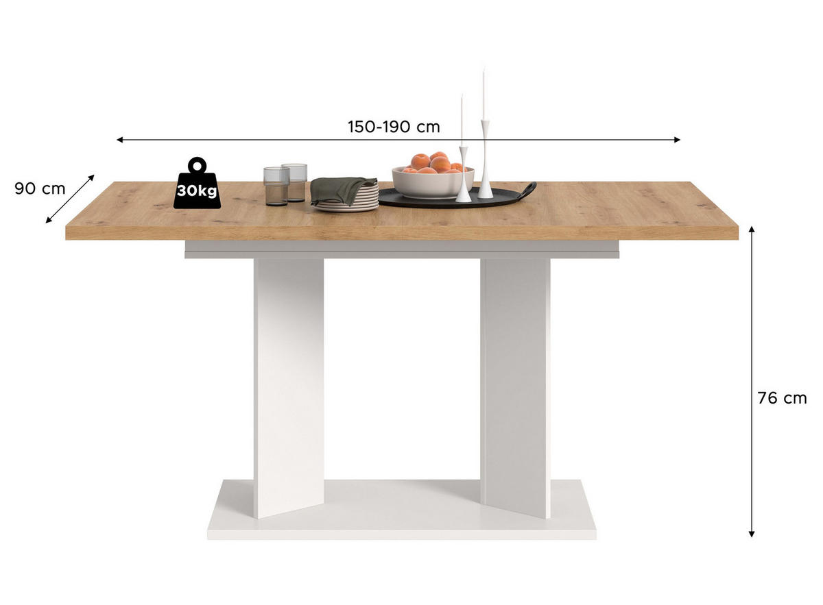 ESSTISCH GUSTAV (B/H/T: ca. 190/76/90 cm) in weiß/Artisan Eiche Nachbildung - Weiß, Holzwerkstoff (90/190/76cm)