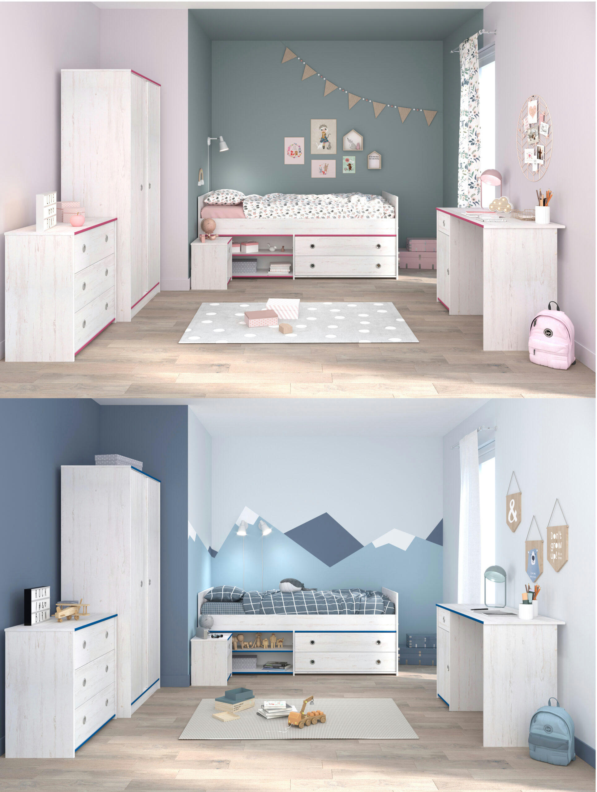 JUGENDZIMMER Smoozy 36 in Kiefer Weiß mit rosa ODER blauen Absetzungen 5 teilig - Weiß, Holzwerkstoff (120/200/80cm)