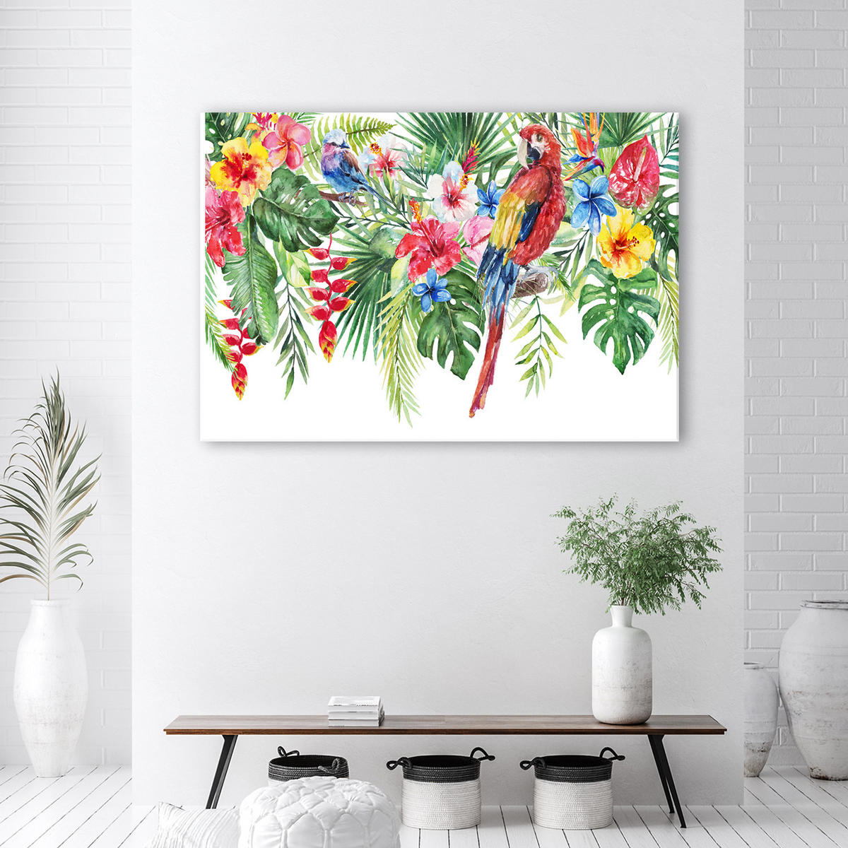 WANDBILD blätter tropischer papageienblüten - Multicolor, Textil (60/40cm) - Feeby