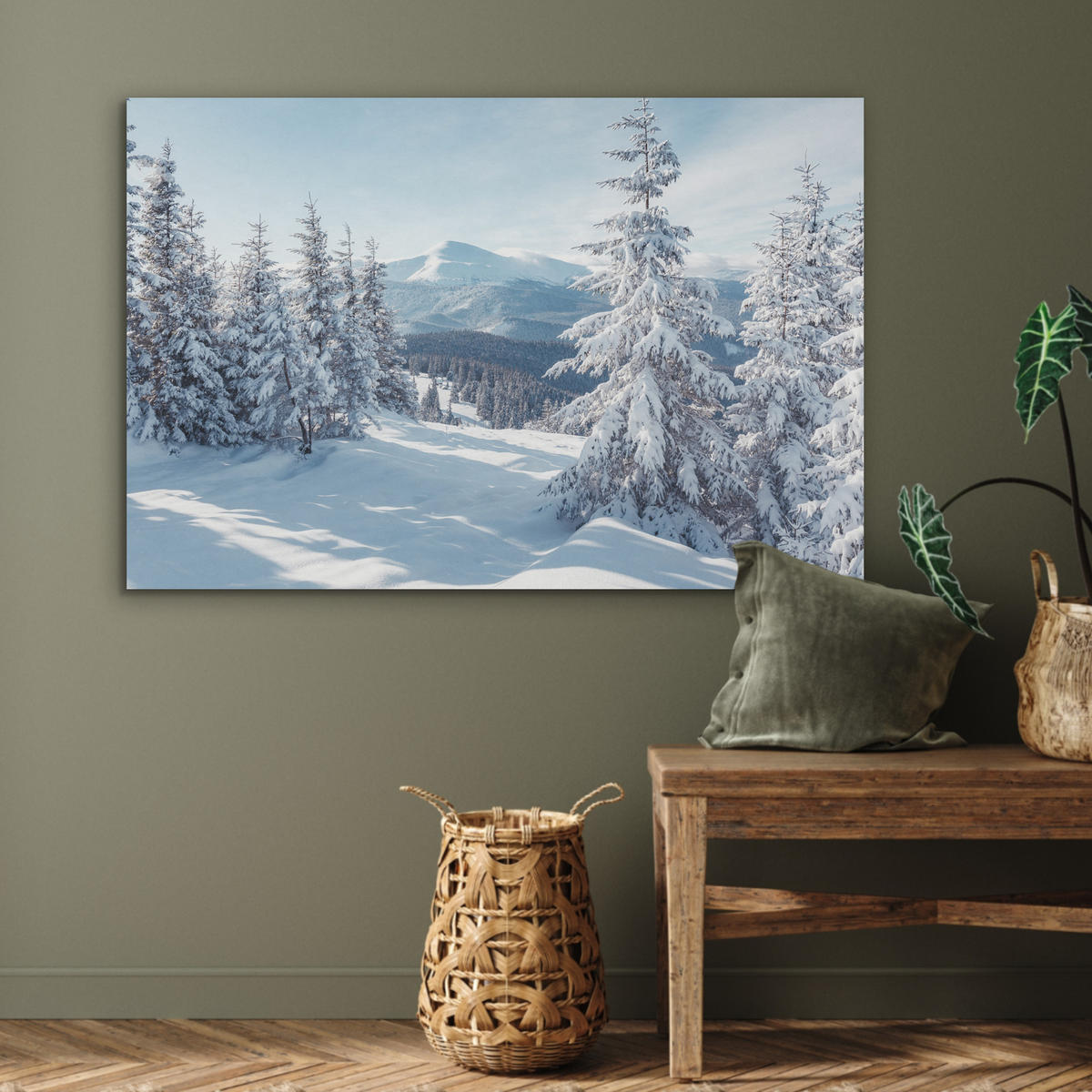 AKUSTIKBILD Winterlandschaft - Natur - Berge - Bäume - Schnee Akustikpaneele 90x60 cm - Hellblau, Kunststoff (90/60/0.9cm) - MuchoWow