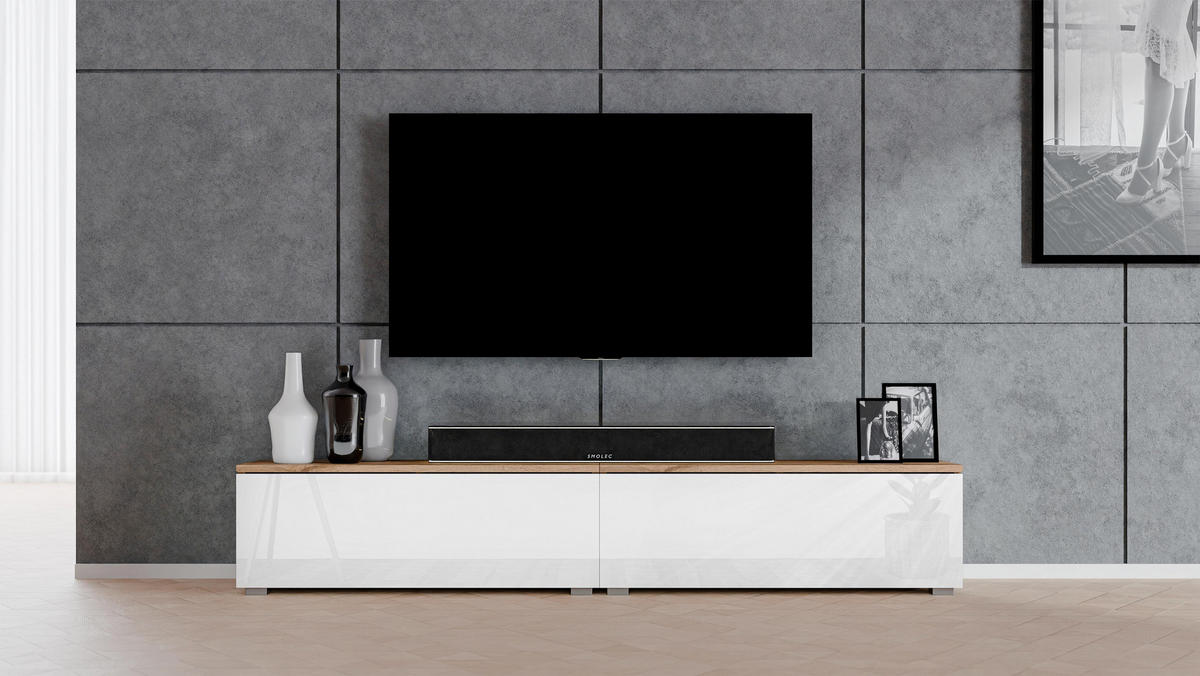 LOWBOARD Loriano 2x100 Wotan, Weiß Hochglanz 200/36,5/32 cm – Hängend und Stehend - Braun/Weiß, Holzwerkstoff/Kunststoff (200/36.5/32cm) - AX Living