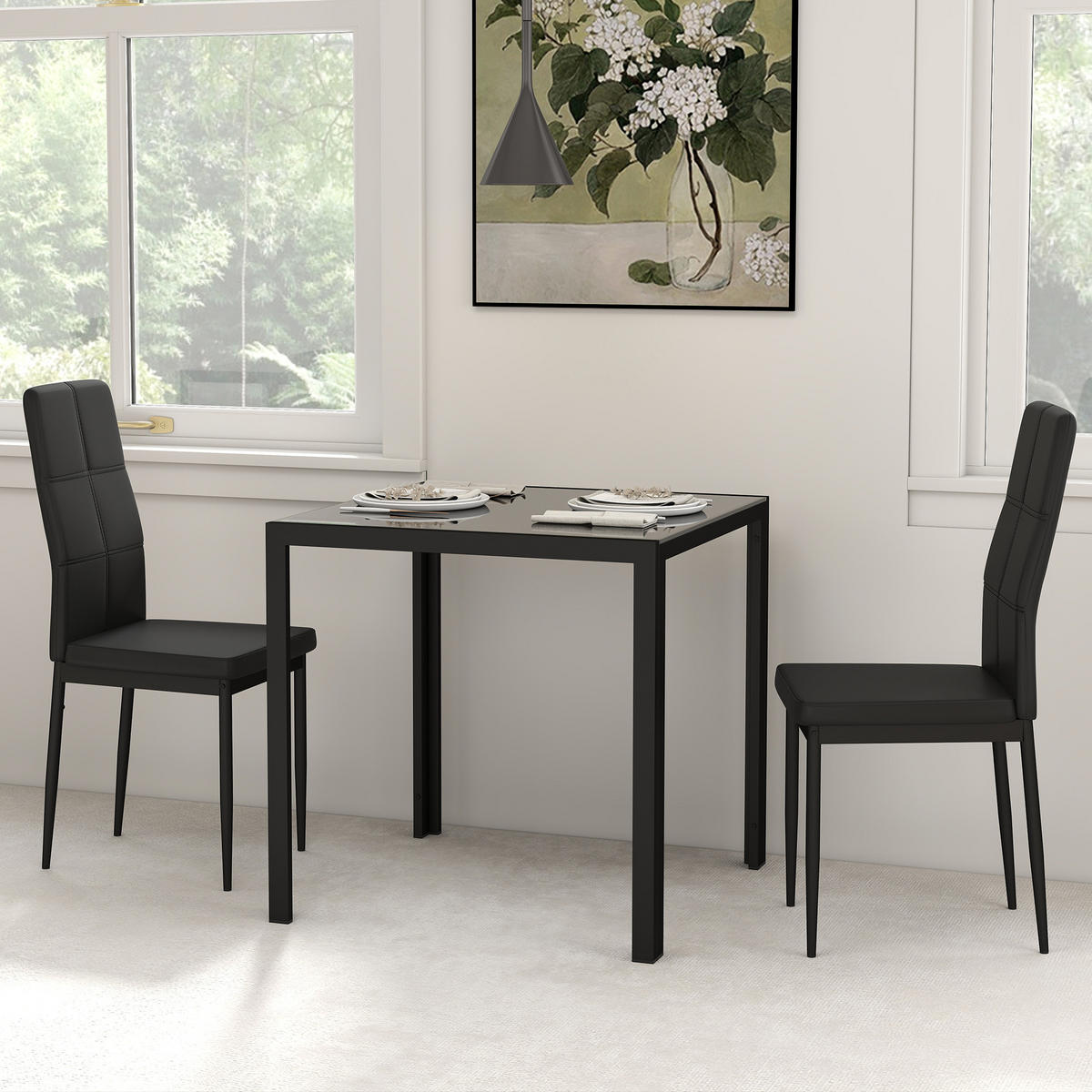 ESSGRUPPE mit 1 Tisch und 2 Stühlen Schwarz 75.0/75.0/75.0 cm - Schwarz, Glas (75/75/75cm)