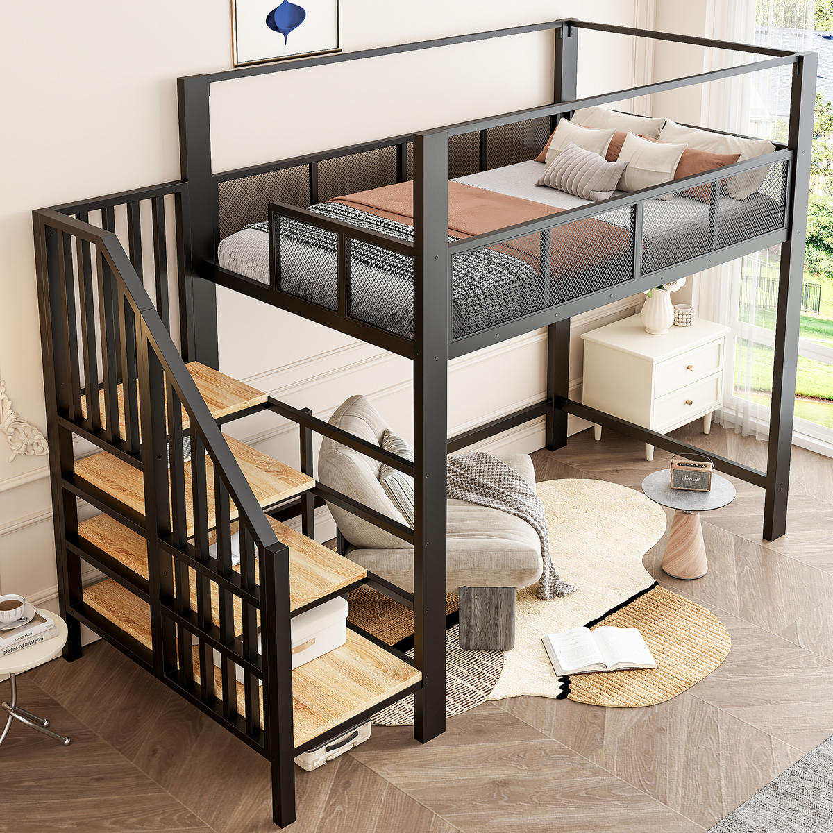 HOCHBETT 90/200 cm DE-32603 mit Baldachin und Sicherheitstreppe Schwarz - Schwarz, Metall (90/200cm) - ComfortXL