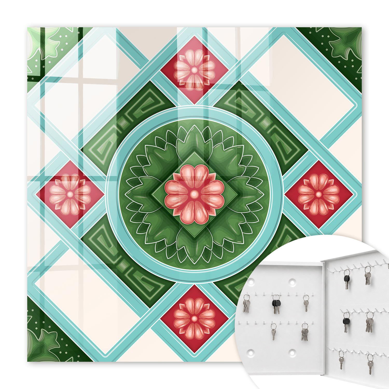 SCHLÜSSELBOX Weiß 30x30 cm – Türöffnung nach rechts - Florale Geometrie - Grün, Metall (30/30/5cm) - TULUP