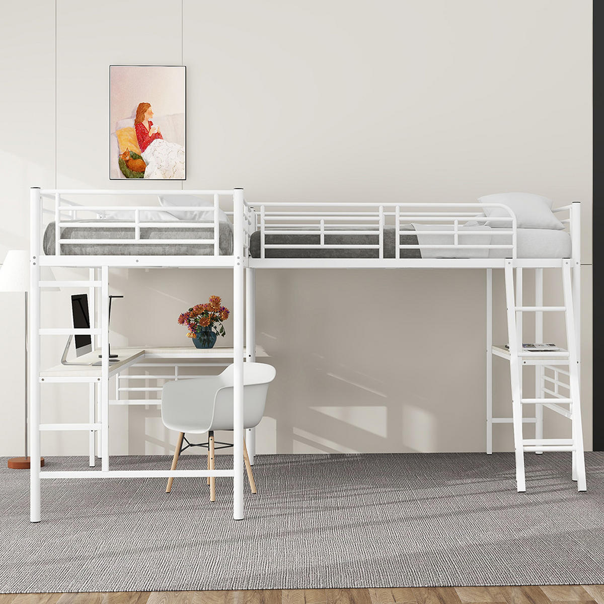 HOCHBETT 90/200 cm in Weiß mit Doppeltreppe - Weiß, Metall (90/200cm) - KOMHTOM