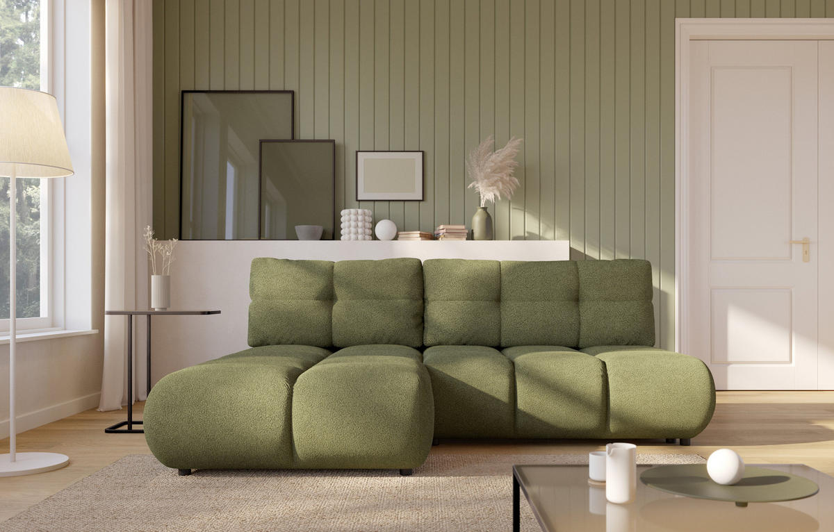 ECKSOFA CORSO L-S Grün Boucle-Stoff mit Schlaffunktion - Grün, Holz (230/177cm) - MASSENO