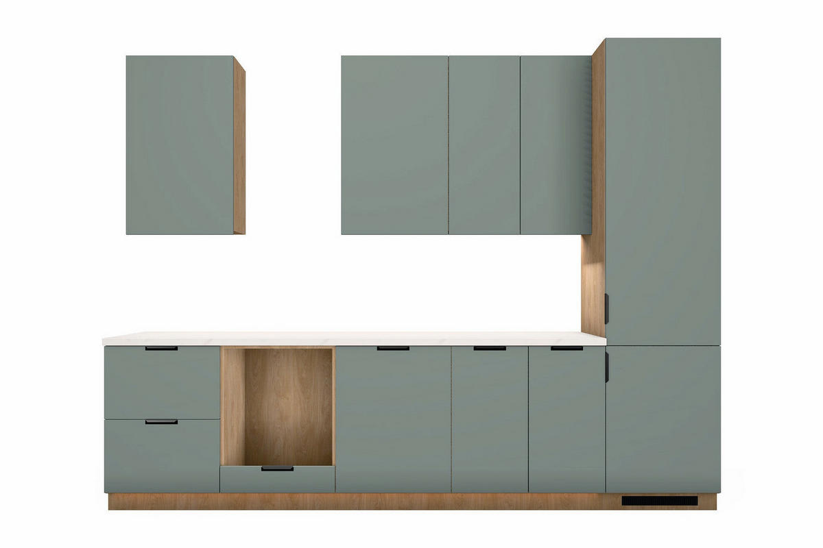 KÜCHENZEILE Sorento Grün & Sonoma Eiche – 320 cm – KÜ-SORENTO3-001 - Grün, Holzwerkstoff (320/247/58cm) - ROYAL24_MARKT