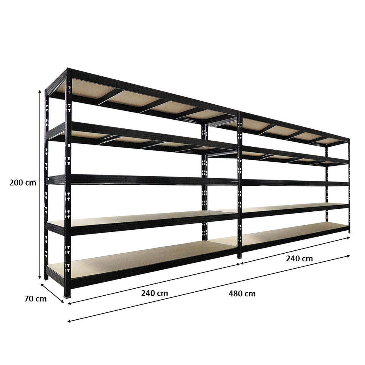 SCHWERLASTREGAL Rhino 2er-Set 200x240x70 cm 5 Spanplatten-Ebenen 8mm Fachlast 450 kg Schwarz - Schwarz, Metall (480/200/70cm) - PROREGAL