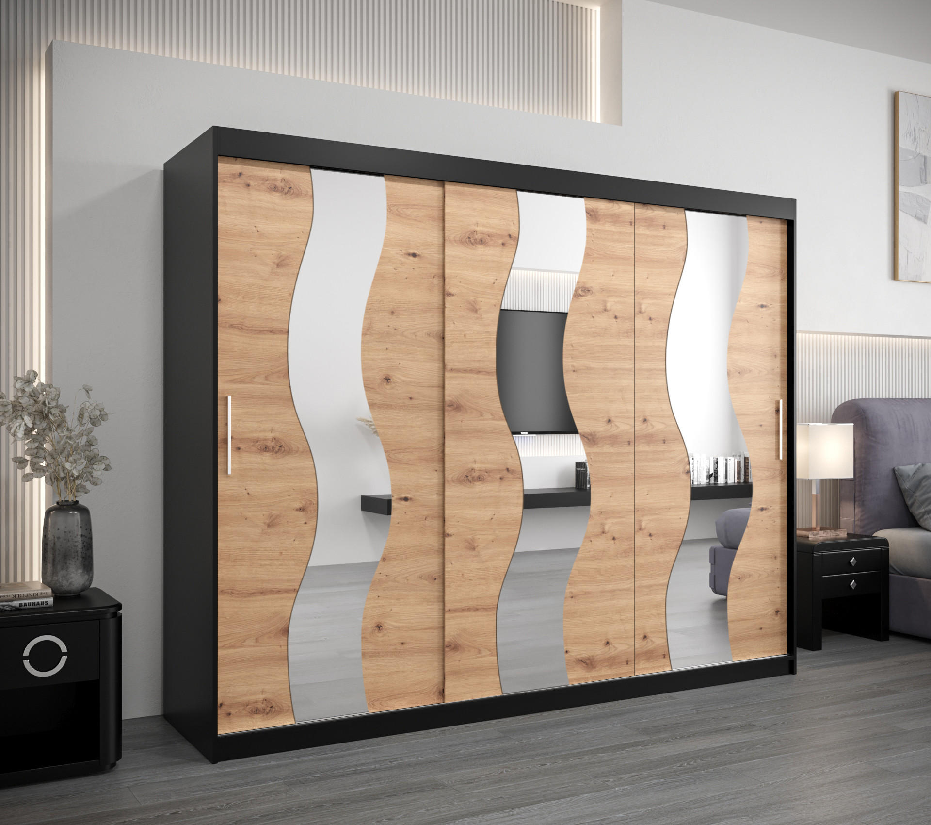 SCHWEBETÜRENSCHRANK 200/250/62 2-türig - Silberfarben/Schwarz, Holz/Kunststoff (250/200/62cm) - Abiks Möbel