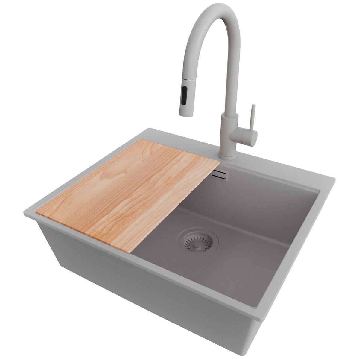 GRANITSPÜLE Oslo, 2-er set Grau 58/50 cm 1 Becken + Küchenarmatur 40/20 cm + Ablauf-Set + Schneidebrett ab 60er Unterschrank - Beige/Grau, Kunststoff (58/20/50cm) - Primagran