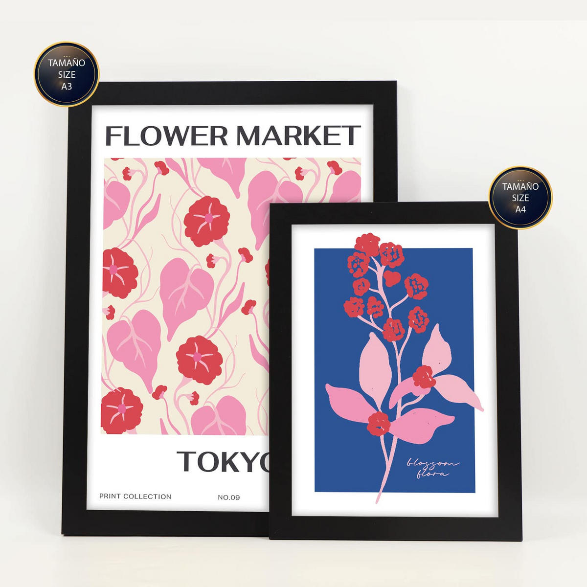 POSTER Set Mit 6 Blumen Blumenmarkt Natur Und Botanikdrucke Für Innenarchitektur A3 & A4 Schwarzer Rahmen - Schwarz, Papier (29/3cm) - Nacnic