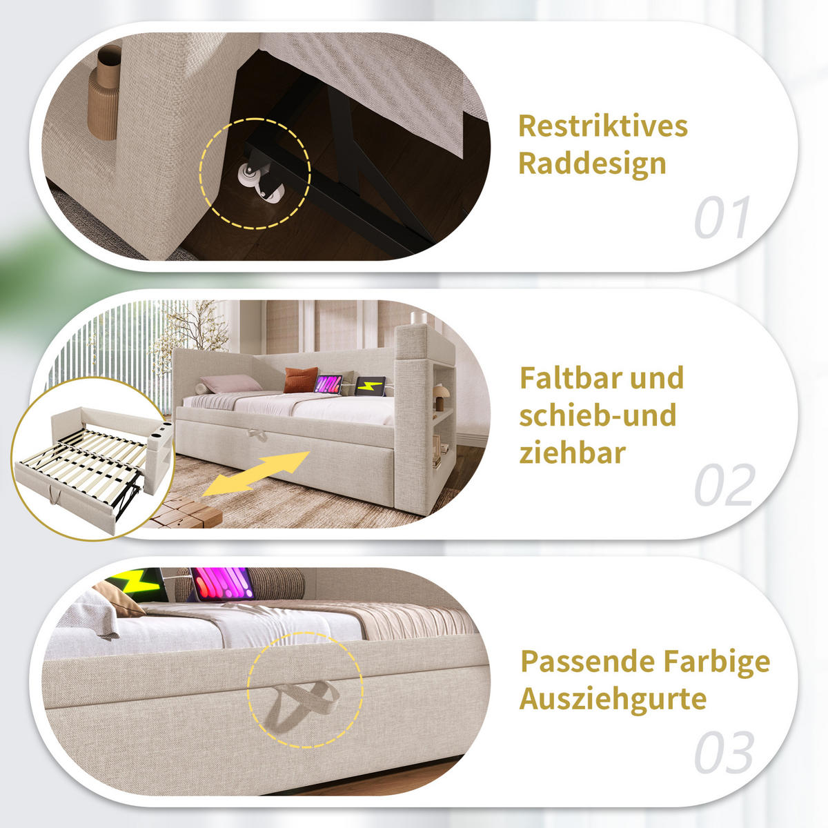 POLSTERBETT aus Baumwoll-Leinen 90x200 cm in Beige mit Ausziehbett & Ladestation - Beige, Textil (90/200cm) - Modfu