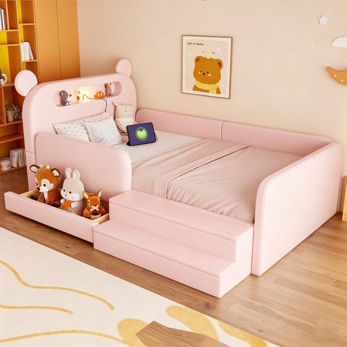 KINDERBETT 90x200cm Bärenkopfteil Nachtlicht Stauraum Rosa - Pink, Textil (90/200cm) - FLIEKS