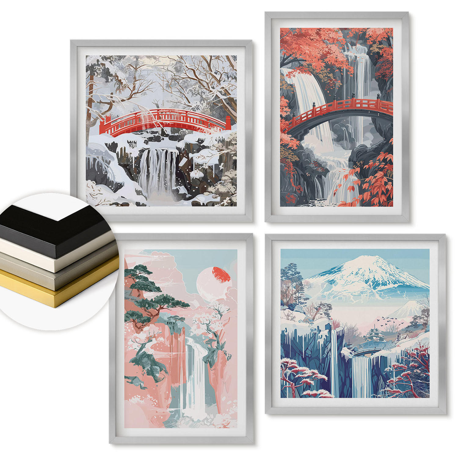 WANDBILDER 4er Set - 50x50 cm & 40x60 cm Silberner Rahmen - Wasserfälle, Brücken, Bäume, Jahreszeiten - Silberfarben, Kunststoff (50/50cm) - ArtPrintCave