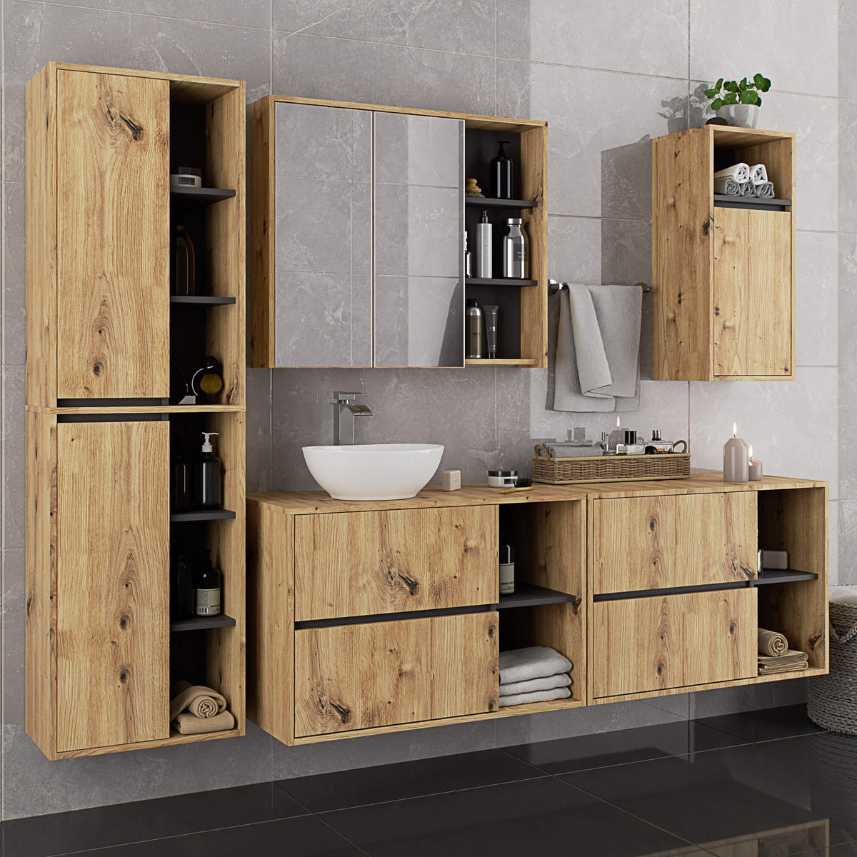 BAD HOCHSCHRANK Vami Eiche Artisan, Grau - Eiche Artisan/Grau, Holzwerkstoff (50/170/30cm) - Akord