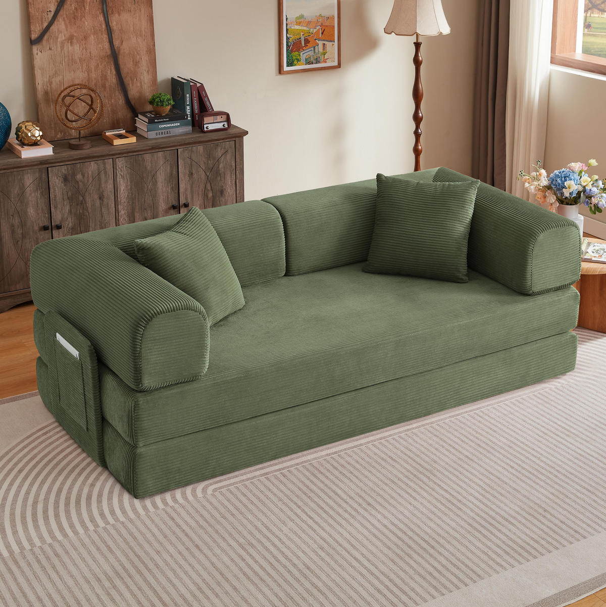 SCHLAFSOFA DE-34938 Tatami-Bodensofa mit 2 Kissen Grün - Grün, Textil (204/65/97cm) - ComfortXL
